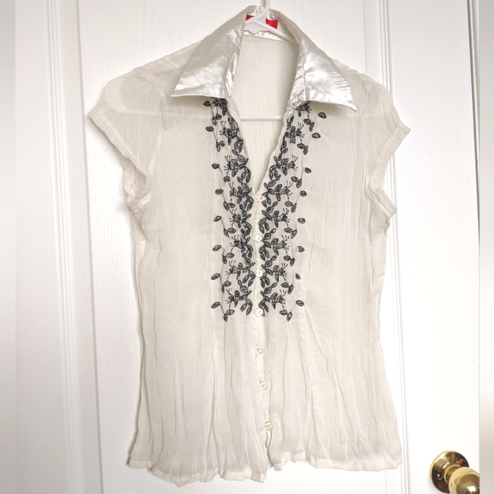 3/$15 Sheer off white vintage blouse with Black leaf Embroidery